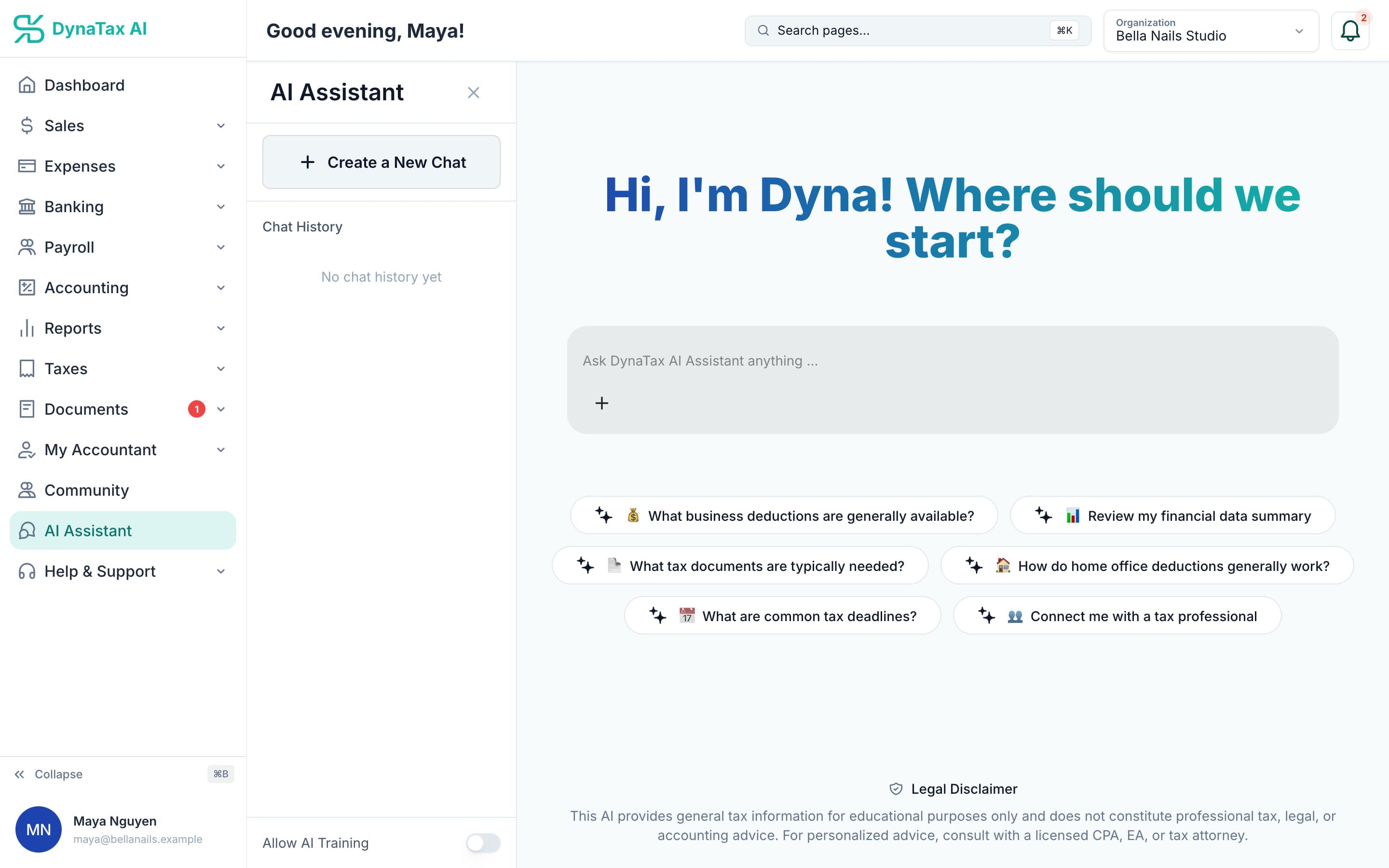 Dyna, the DynaTax AI assistant, with suggested tax and bookkeeping questions
