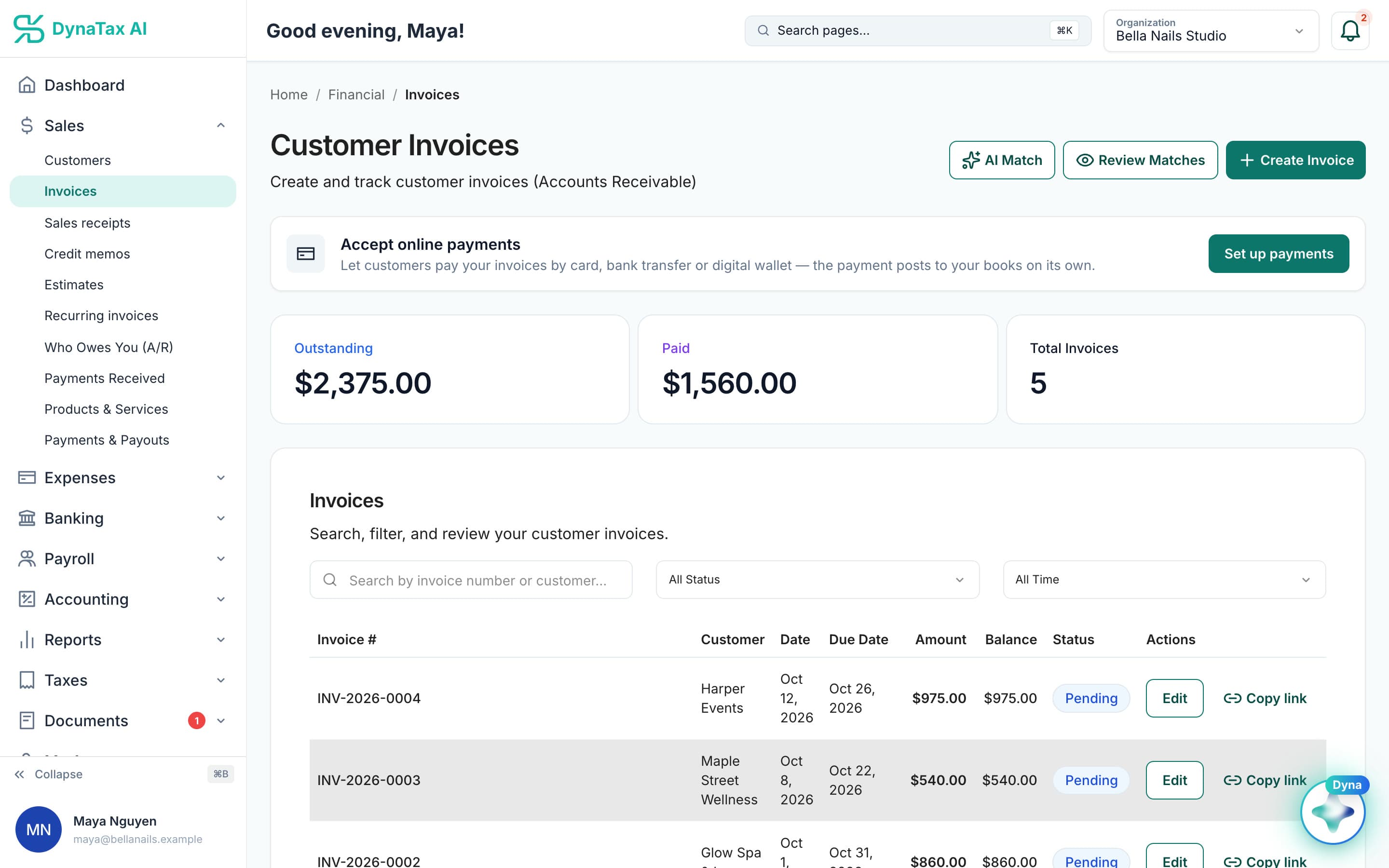 Customer invoices in DynaTax AI: outstanding and paid totals with a copy-link action on each invoice