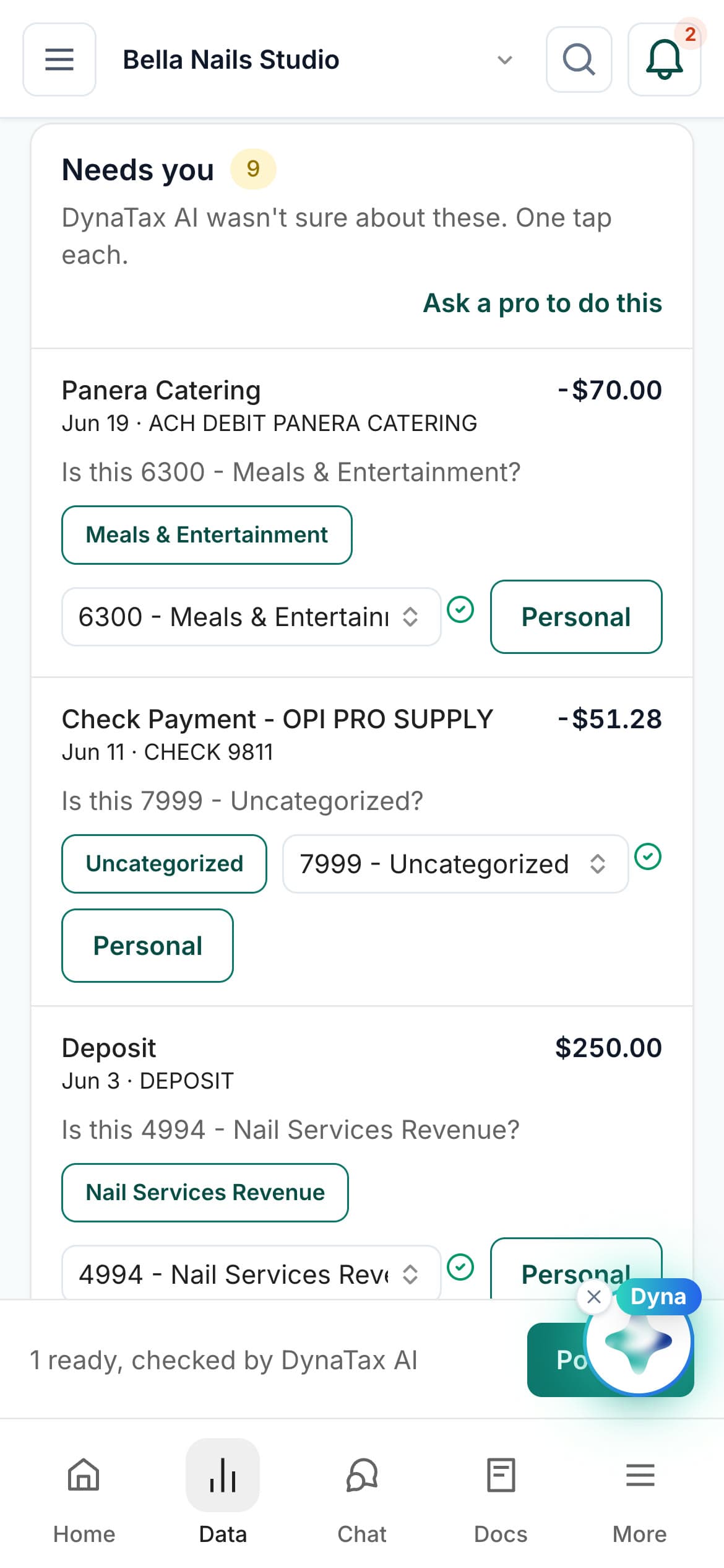 DynaTax AI on a phone: Dyna suggesting a category for a Panera Catering charge