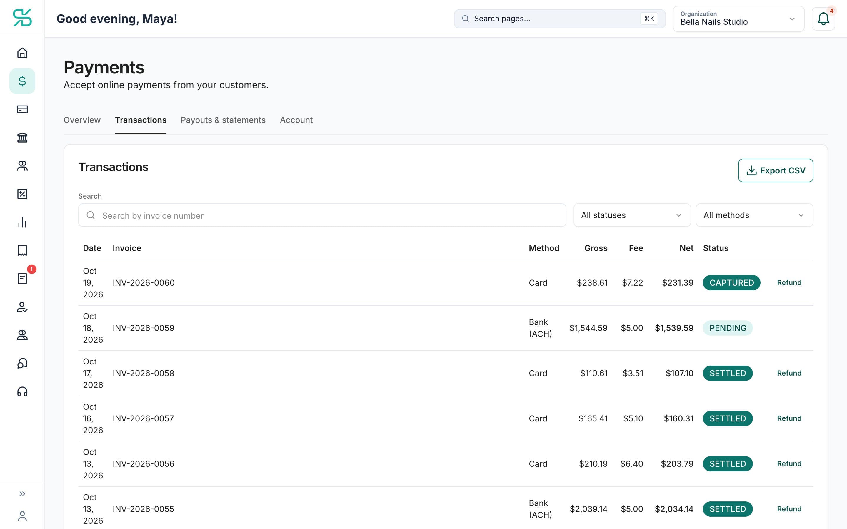 Payment transactions in DynaTax AI: each invoice payment with method, gross, fee, net and status, plus CSV export