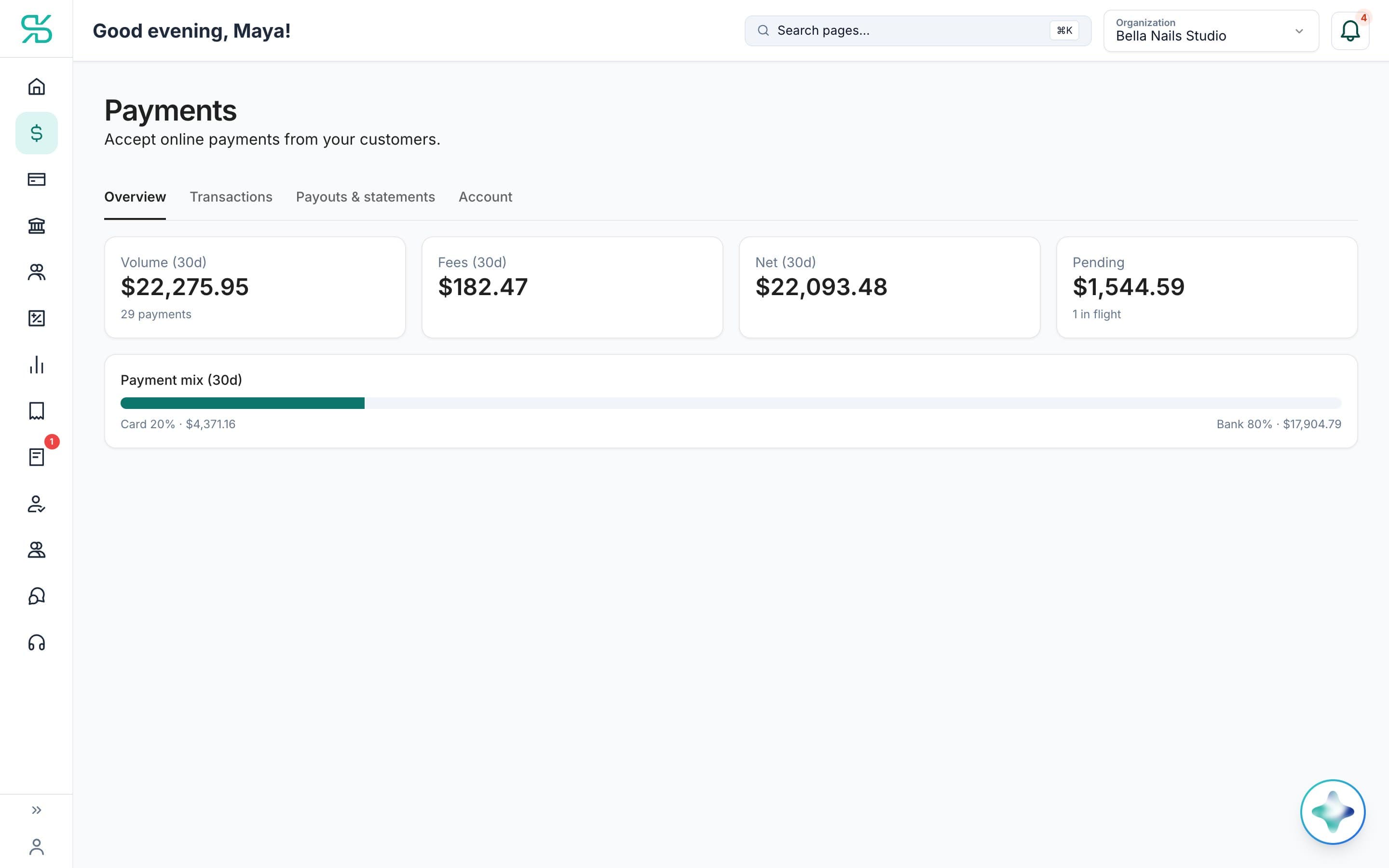 Payments overview in DynaTax AI: 30-day volume, fees, net, pending and the card vs bank mix for sample payments