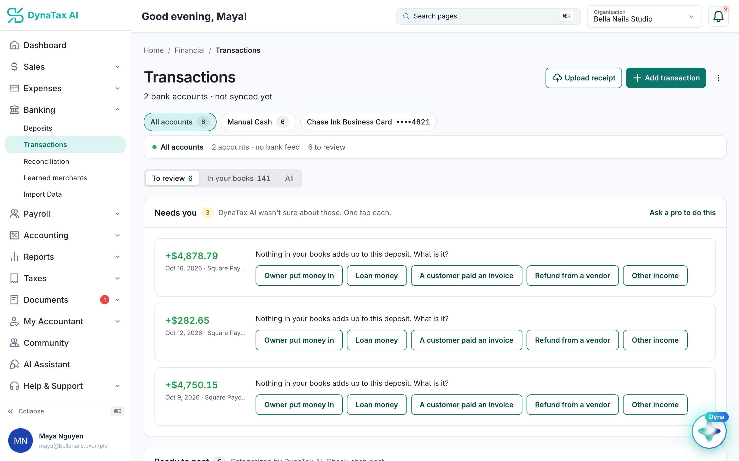 DynaTax AI transactions page for a sample business, with deposits waiting for review