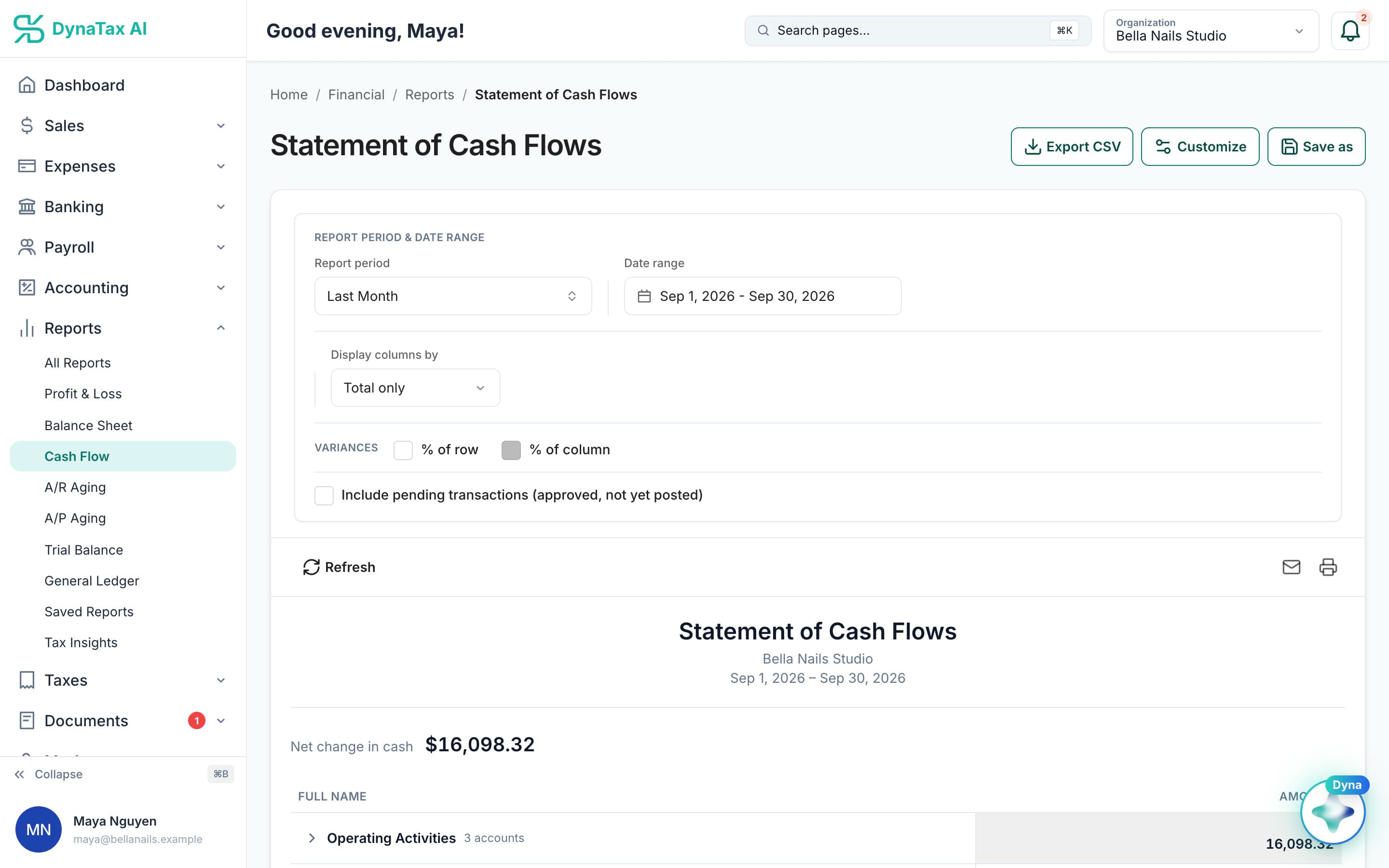Statement of Cash Flows in DynaTax AI for a sample business
