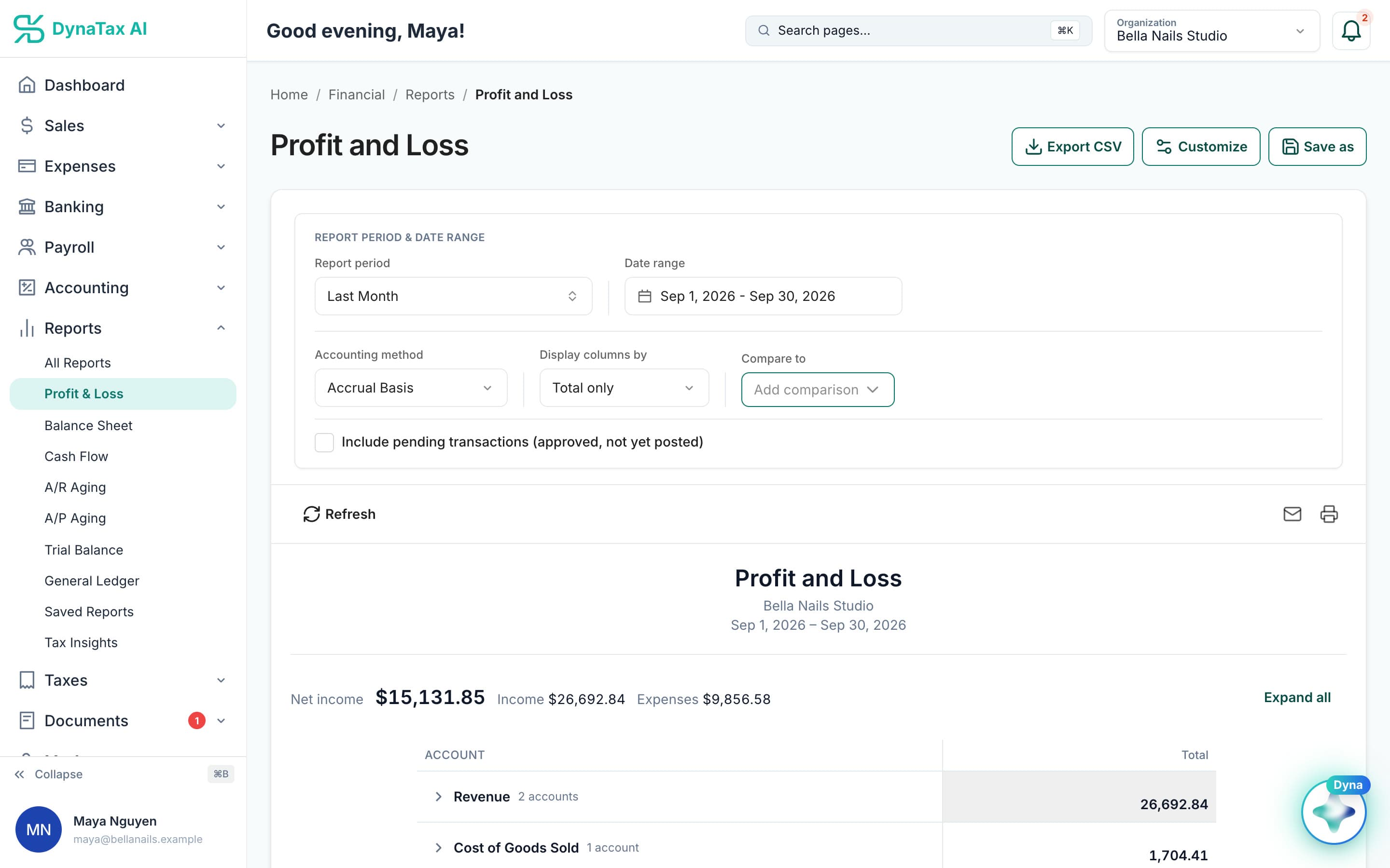 Profit and Loss report in DynaTax AI for a sample business