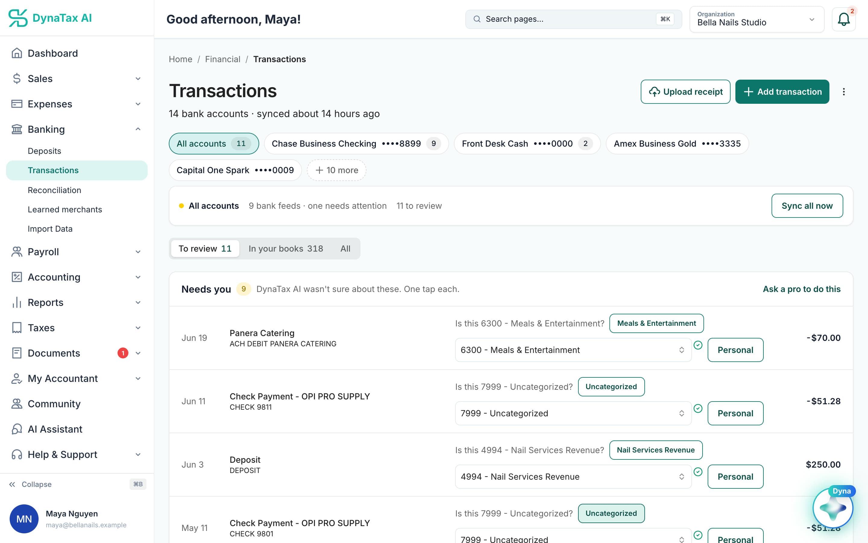 Transactions review in DynaTax AI: Dyna asks whether a Panera Catering charge is 6300 Meals & Entertainment, with a one-tap suggestion